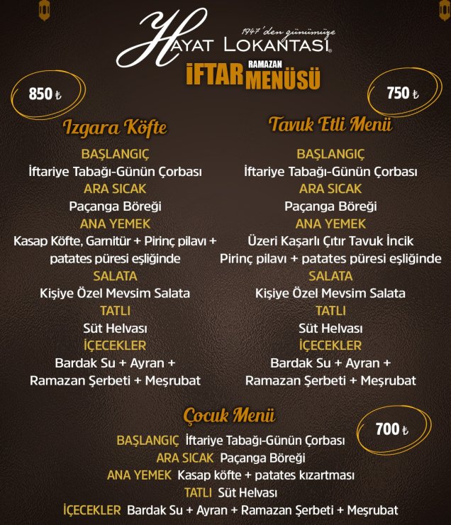 Hayat Lokantası 2026 Ramazan İftar Menüsü
