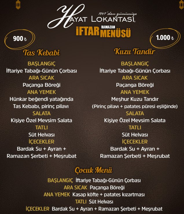 Hayat Lokantası 2026 Ramazan İftar Menüsü